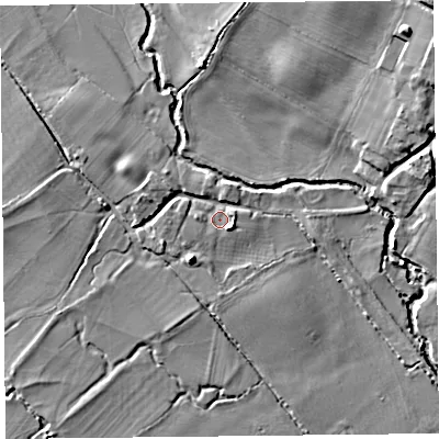 Shaded relief map of the ground around HR20RA, computed from Environment Agency LiDAR. The ground here sits at about 108 m above sea level and falls 16 m across the surrounding 800 m. Surface water reaching this point runs off ground lying to the south-east, 1.8 m higher.