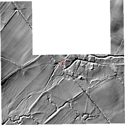 Shaded relief map of the ground around HR20RD, computed from Environment Agency LiDAR. The ground here sits at about 110 m above sea level and falls 11 m across the surrounding 800 m. Surface water reaching this point runs off ground lying to the west-south-west, 6.5 m higher.
