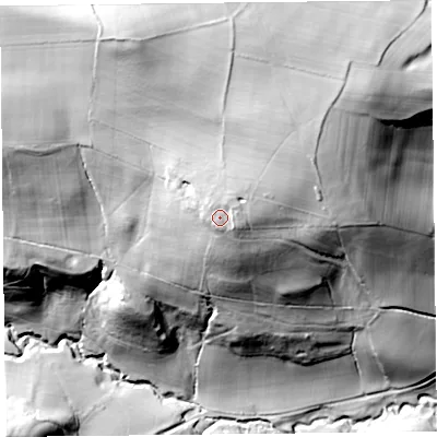 Shaded relief map of the ground around HR20RE, computed from Environment Agency LiDAR. The ground here sits at about 190 m above sea level and falls 87 m across the surrounding 800 m. Surface water reaching this point runs off ground lying to the north-north-west, 2.4 m higher.