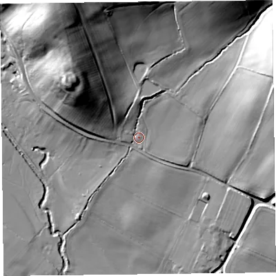 Shaded relief map of the ground around HR20RH, computed from Environment Agency LiDAR. The ground here sits at about 116 m above sea level and falls 45 m across the surrounding 800 m. Surface water reaching this point runs off ground lying to the north-north-west, 36.9 m higher.