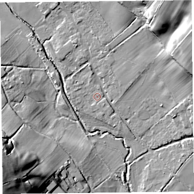 Shaded relief map of the ground around HR20RR, computed from Environment Agency LiDAR. The ground here sits at about 122 m above sea level and falls 51 m across the surrounding 800 m. Surface water reaching this point runs off ground lying to the north-north-west, 2.6 m higher.