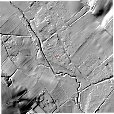 Shaded relief map of the ground around HR20RS, computed from Environment Agency LiDAR. The ground here sits at about 122 m above sea level and falls 54 m across the surrounding 800 m. Surface water reaching this point runs off ground lying to the west-north-west, 1.6 m higher.