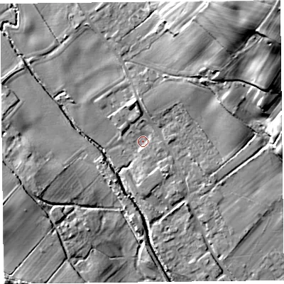 Shaded relief map of the ground around HR20SD, computed from Environment Agency LiDAR. The ground here sits at about 123 m above sea level and falls 57 m across the surrounding 800 m. Surface water reaching this point runs off ground lying to the north-east, 27.5 m higher.