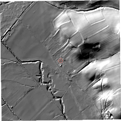 Shaded relief map of the ground around HR20SF, computed from Environment Agency LiDAR. The ground here sits at about 118 m above sea level and falls 68 m across the surrounding 800 m. Surface water reaching this point runs off ground lying to the east-north-east, 61.4 m higher.