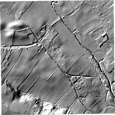 Shaded relief map of the ground around HR20SQ, computed from Environment Agency LiDAR. The ground here sits at about 129 m above sea level and falls 65 m across the surrounding 800 m. Surface water reaching this point runs off ground lying to the south-west, 54.9 m higher.