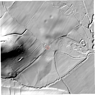 Shaded relief map of the ground around HR20SW, computed from Environment Agency LiDAR. The ground here sits at about 135 m above sea level and falls 51 m across the surrounding 800 m. Surface water reaching this point runs off ground lying to the west, 44.2 m higher.
