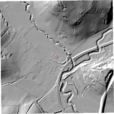 Shaded relief map of the ground around HR20UA, computed from Environment Agency LiDAR. The ground here sits at about 70 m above sea level and falls 57 m across the surrounding 800 m. Surface water reaching this point runs off ground lying to the east, 2.0 m higher.