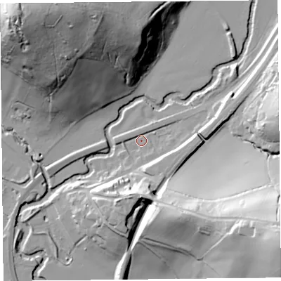Shaded relief map of the ground around HR20UD, computed from Environment Agency LiDAR. The ground here sits at about 71 m above sea level and falls 59 m across the surrounding 800 m. Surface water reaching this point runs off ground lying to the south-east, 53.9 m higher.
