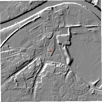 Shaded relief map of the ground around HR26AA, computed from Environment Agency LiDAR. The ground here sits at about 51 m above sea level and falls 10 m across the surrounding 800 m. Surface water reaching this point runs off ground lying to the south-west, 7.7 m higher.