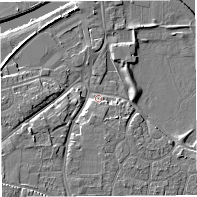 Shaded relief map of the ground around HR26BH, computed from Environment Agency LiDAR. The ground here sits at about 52 m above sea level and falls 12 m across the surrounding 800 m. Surface water reaching this point runs off ground lying to the south-south-west, 6.1 m higher.