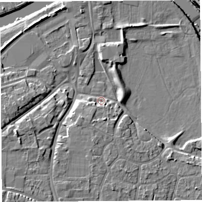 Shaded relief map of the ground around HR26BL, computed from Environment Agency LiDAR. The ground here sits at about 51 m above sea level and falls 11 m across the surrounding 800 m. Surface water reaching this point runs off ground lying to the south-west, 4.8 m higher.