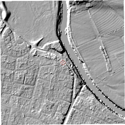 Shaded relief map of the ground around HR26BN, computed from Environment Agency LiDAR. The ground here sits at about 53 m above sea level and falls 9 m across the surrounding 800 m. Surface water reaching this point runs off ground lying to the west-south-west, 2.8 m higher.