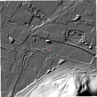 Shaded relief map of the ground around HR26BQ, computed from Environment Agency LiDAR. The ground here sits at about 49 m above sea level and falls 76 m across the surrounding 800 m. Surface water reaching this point runs off ground lying to the south-south-east, 74.7 m higher.