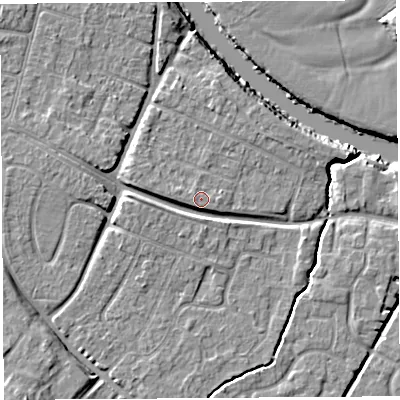 Shaded relief map of the ground around HR26DG, computed from Environment Agency LiDAR. The ground here sits at about 53 m above sea level and falls 12 m across the surrounding 800 m. Surface water reaching this point runs off ground lying to the west-north-west, 3.3 m higher.
