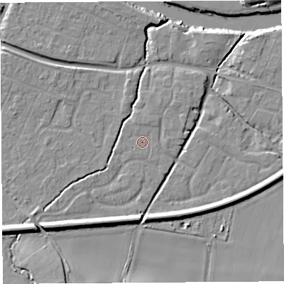 Shaded relief map of the ground around HR26DS, computed from Environment Agency LiDAR. The ground here sits at about 52 m above sea level and falls 14 m across the surrounding 800 m. Surface water reaching this point runs off ground lying to the north-north-east, 0.9 m higher.