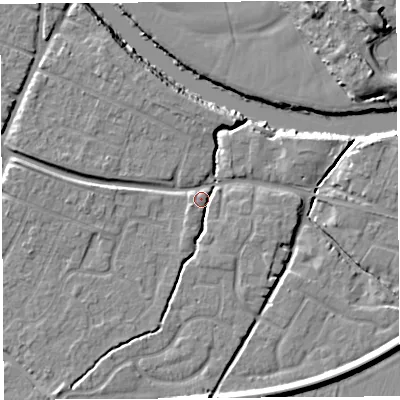 Shaded relief map of the ground around HR26ED, computed from Environment Agency LiDAR. The ground here sits at about 52 m above sea level and falls 11 m across the surrounding 800 m. Surface water reaching this point runs off ground lying to the west, 3.9 m higher.