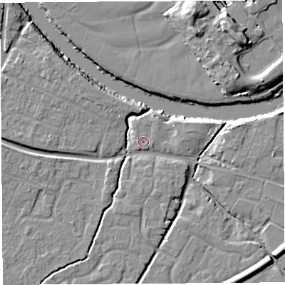 Shaded relief map of the ground around HR26EF, computed from Environment Agency LiDAR. The ground here sits at about 51 m above sea level and falls 10 m across the surrounding 800 m. Surface water reaching this point runs off ground lying to the west, 4.8 m higher.
