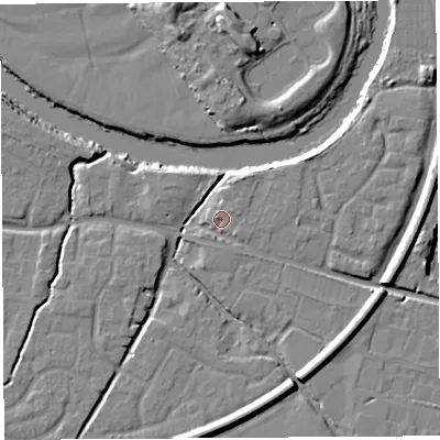 Shaded relief map of the ground around HR26EG, computed from Environment Agency LiDAR. The ground here sits at about 51 m above sea level and falls 10 m across the surrounding 800 m. Surface water reaching this point runs off ground lying to the east-north-east, 2.0 m higher.