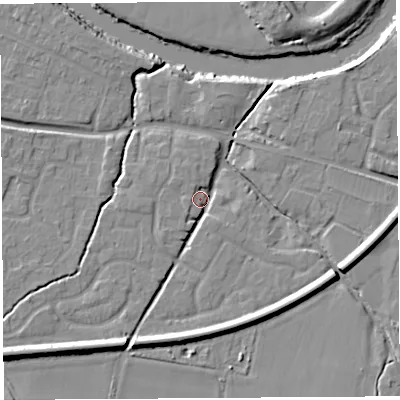 Shaded relief map of the ground around HR26EP, computed from Environment Agency LiDAR. The ground here sits at about 52 m above sea level and falls 13 m across the surrounding 800 m. Surface water reaching this point runs off ground lying to the south-west, 10.3 m higher.