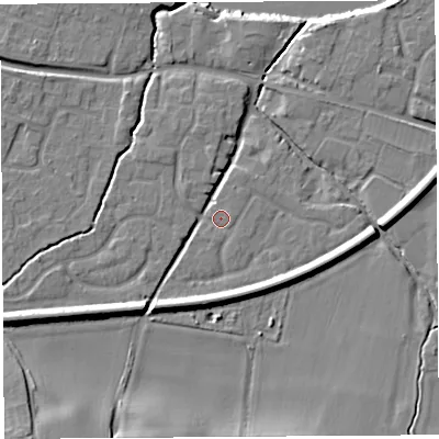 Shaded relief map of the ground around HR26ES, computed from Environment Agency LiDAR. The ground here sits at about 52 m above sea level and falls 13 m across the surrounding 800 m. Surface water reaching this point runs off ground lying to the south-west, 5.9 m higher.