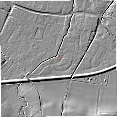 Shaded relief map of the ground around HR26EU, computed from Environment Agency LiDAR. The ground here sits at about 53 m above sea level and falls 13 m across the surrounding 800 m. Surface water reaching this point runs off ground lying to the west-south-west, 3.0 m higher.