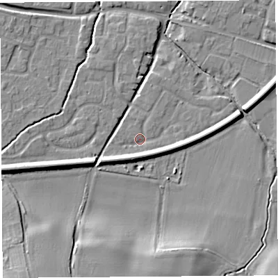 Shaded relief map of the ground around HR26EW, computed from Environment Agency LiDAR. The ground here sits at about 52 m above sea level and falls 13 m across the surrounding 800 m. Surface water reaching this point runs off ground lying to the west-south-west, 5.9 m higher.