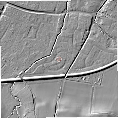 Shaded relief map of the ground around HR26EX, computed from Environment Agency LiDAR. The ground here sits at about 53 m above sea level and falls 13 m across the surrounding 800 m. Surface water reaching this point runs off ground lying to the south-west, 0.8 m higher.