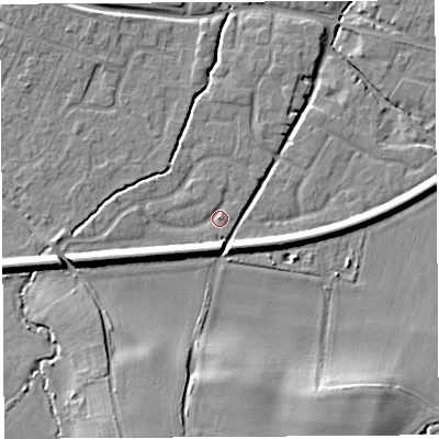Shaded relief map of the ground around HR26EZ, computed from Environment Agency LiDAR. The ground here sits at about 53 m above sea level and falls 13 m across the surrounding 800 m. Surface water reaching this point runs off ground lying to the west-south-west, 6.9 m higher.