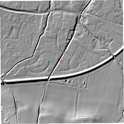 Shaded relief map of the ground around HR26FA, computed from Environment Agency LiDAR. The ground here sits at about 52 m above sea level and falls 13 m across the surrounding 800 m. Surface water reaching this point runs off ground lying to the south-south-west, 9.7 m higher.