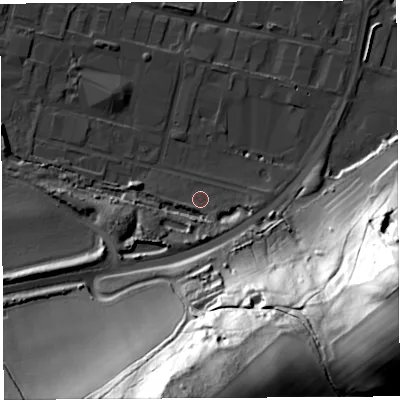 Shaded relief map of the ground around HR26FP, computed from Environment Agency LiDAR. The ground here sits at about 52 m above sea level and falls 80 m across the surrounding 800 m. Surface water reaching this point runs off ground lying to the south, 7.5 m higher.