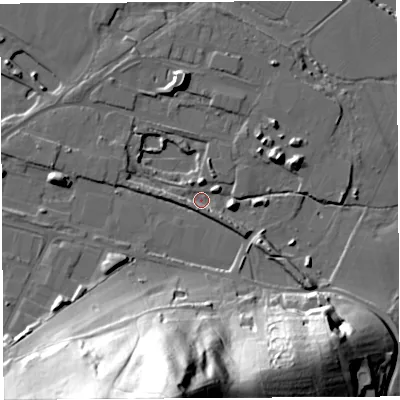Shaded relief map of the ground around HR26FQ, computed from Environment Agency LiDAR. The ground here sits at about 48 m above sea level and falls 76 m across the surrounding 800 m. Surface water reaching this point runs off ground lying to the north, 9.4 m higher.