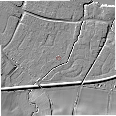 Shaded relief map of the ground around HR26GA, computed from Environment Agency LiDAR. The ground here sits at about 53 m above sea level and falls 15 m across the surrounding 800 m. Surface water reaching this point runs off ground lying to the south-west, 1.0 m higher.