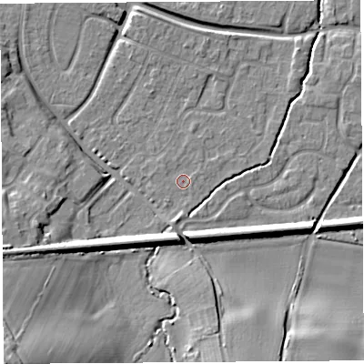 Shaded relief map of the ground around HR26GD, computed from Environment Agency LiDAR. The ground here sits at about 53 m above sea level and falls 23 m across the surrounding 800 m. Surface water reaching this point runs off ground lying to the south, 2.2 m higher.