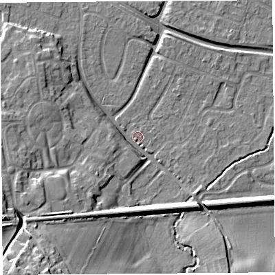 Shaded relief map of the ground around HR26HD, computed from Environment Agency LiDAR. The ground here sits at about 53 m above sea level and falls 23 m across the surrounding 800 m. Surface water reaching this point runs off ground lying to the south-west, 10.7 m higher.