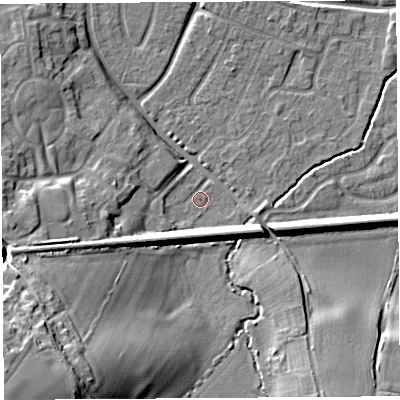 Shaded relief map of the ground around HR26HE, computed from Environment Agency LiDAR. The ground here sits at about 54 m above sea level and falls 25 m across the surrounding 800 m. Surface water reaching this point runs off ground lying to the south-west, 6.9 m higher.