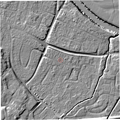 Shaded relief map of the ground around HR26HN, computed from Environment Agency LiDAR. The ground here sits at about 53 m above sea level and falls 15 m across the surrounding 800 m. Surface water reaching this point runs off ground lying to the north-north-west, 1.1 m higher.