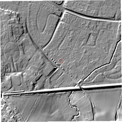Shaded relief map of the ground around HR26HP, computed from Environment Agency LiDAR. The ground here sits at about 53 m above sea level and falls 23 m across the surrounding 800 m. Surface water reaching this point runs off ground lying to the south-south-east, 0.8 m higher.