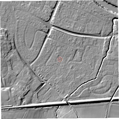 Shaded relief map of the ground around HR26HR, computed from Environment Agency LiDAR. The ground here sits at about 53 m above sea level and falls 18 m across the surrounding 800 m. Surface water reaching this point runs off ground lying to the north-north-west, 1.2 m higher.