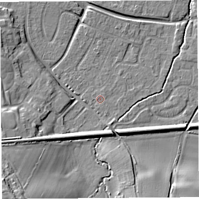 Shaded relief map of the ground around HR26HS, computed from Environment Agency LiDAR. The ground here sits at about 53 m above sea level and falls 24 m across the surrounding 800 m. The ground contributing surface water to this point lies to the south.