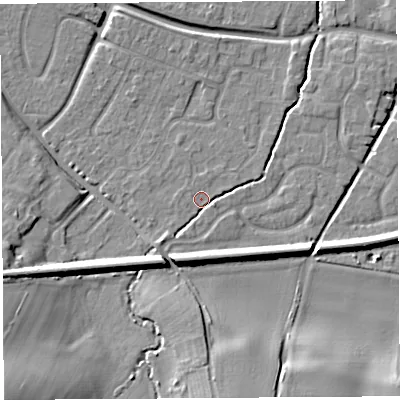 Shaded relief map of the ground around HR26HT, computed from Environment Agency LiDAR. The ground here sits at about 53 m above sea level and falls 19 m across the surrounding 800 m. Surface water reaching this point runs off ground lying to the south-west, 3.4 m higher.
