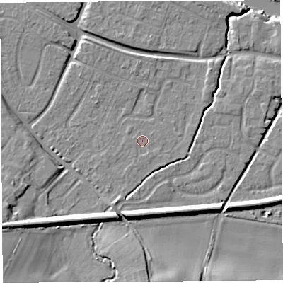 Shaded relief map of the ground around HR26HU, computed from Environment Agency LiDAR. The ground here sits at about 53 m above sea level and falls 16 m across the surrounding 800 m. Surface water reaching this point runs off ground lying to the south-south-west, 2.5 m higher.