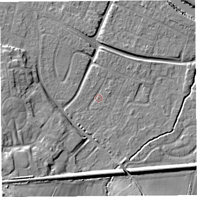 Shaded relief map of the ground around HR26HW, computed from Environment Agency LiDAR. The ground here sits at about 53 m above sea level and falls 19 m across the surrounding 800 m. Surface water reaching this point runs off ground lying to the north, 1.2 m higher.