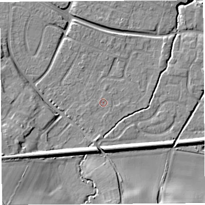 Shaded relief map of the ground around HR26HX, computed from Environment Agency LiDAR. The ground here sits at about 53 m above sea level and falls 20 m across the surrounding 800 m. Surface water reaching this point runs off ground lying to the south, 2.3 m higher.