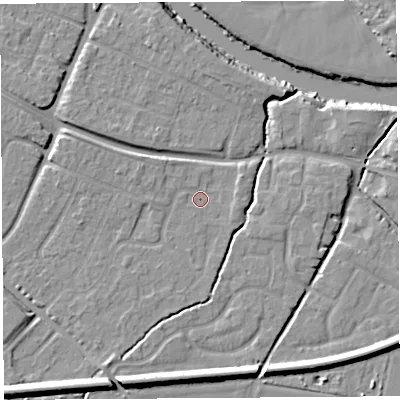 Shaded relief map of the ground around HR26HY, computed from Environment Agency LiDAR. The ground here sits at about 52 m above sea level and falls 15 m across the surrounding 800 m. Surface water reaching this point runs off ground lying to the south-south-west, 3.6 m higher.