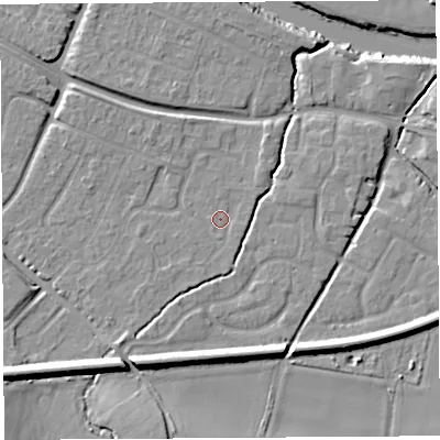 Shaded relief map of the ground around HR26HZ, computed from Environment Agency LiDAR. The ground here sits at about 52 m above sea level and falls 15 m across the surrounding 800 m. Surface water reaching this point runs off ground lying to the south-west, 1.3 m higher.