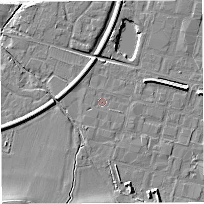 Shaded relief map of the ground around HR26JF, computed from Environment Agency LiDAR. The ground here sits at about 51 m above sea level and falls 13 m across the surrounding 800 m. Surface water reaching this point runs off ground lying to the south-south-west, 1.0 m higher.