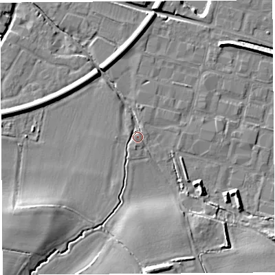 Shaded relief map of the ground around HR26JN, computed from Environment Agency LiDAR. The ground here sits at about 53 m above sea level and falls 15 m across the surrounding 800 m. Surface water reaching this point runs off ground lying to the south, 11.2 m higher.
