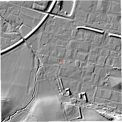 Shaded relief map of the ground around HR26JR, computed from Environment Agency LiDAR. The ground here sits at about 51 m above sea level and falls 13 m across the surrounding 800 m. Surface water reaching this point runs off ground lying to the south-south-west, 1.1 m higher.
