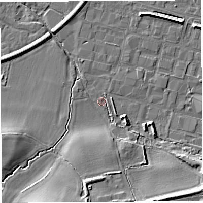 Shaded relief map of the ground around HR26JW, computed from Environment Agency LiDAR. The ground here sits at about 52 m above sea level and falls 17 m across the surrounding 800 m. Surface water reaching this point runs off ground lying to the south, 7.9 m higher.