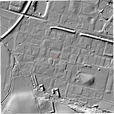 Shaded relief map of the ground around HR26JZ, computed from Environment Agency LiDAR. The ground here sits at about 52 m above sea level and falls 11 m across the surrounding 800 m. Surface water reaching this point runs off ground lying to the west-south-west, 1.5 m higher.